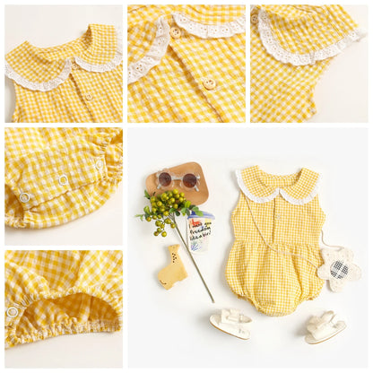 Lace-Trim Gingham Bubble Bodysuit for Baby Girls