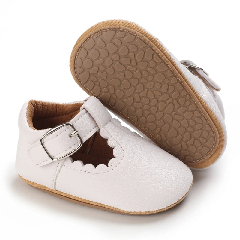 Scalloped T-Strap Baby Mary Jane Shoes with Bows & Cutout Details