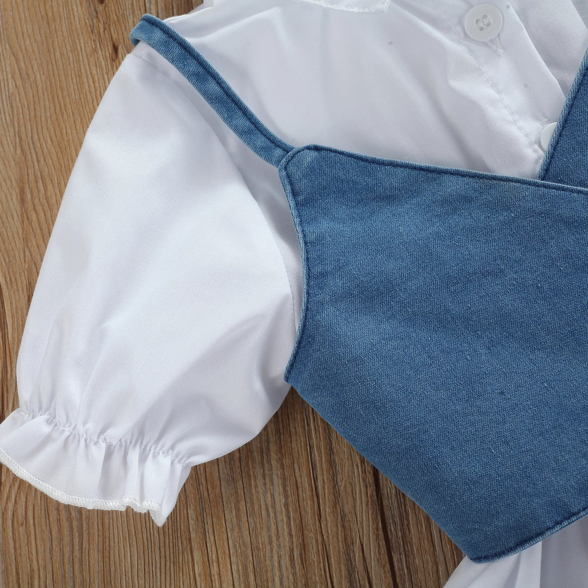 Denim Tie-Back Crop Vest & White Puff-Sleeve Tiered Dress Set for Girls