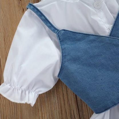 Denim Tie-Back Crop Vest & White Puff-Sleeve Tiered Dress Set for Girls