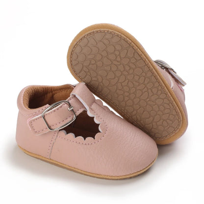 Scalloped T-Strap Baby Mary Jane Shoes with Bows & Cutout Details
