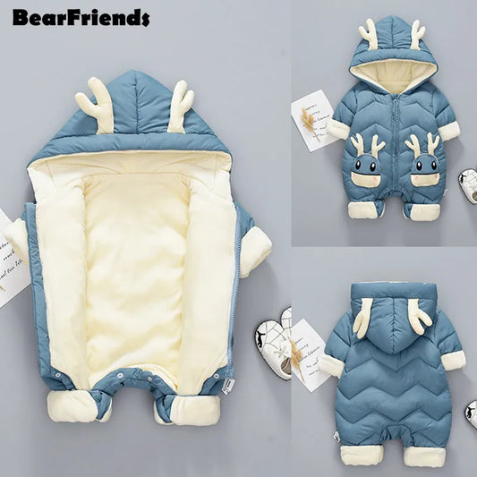 Baby Deer Hooded Snowsuit | Plush-Lined Insulated Winter Jumpsuit with Antler Hood & Zip Front