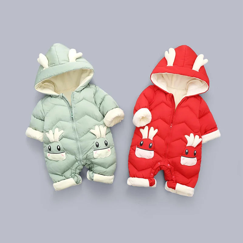 Baby Deer Hooded Snowsuit | Plush-Lined Insulated Winter Jumpsuit with Antler Hood & Zip Front