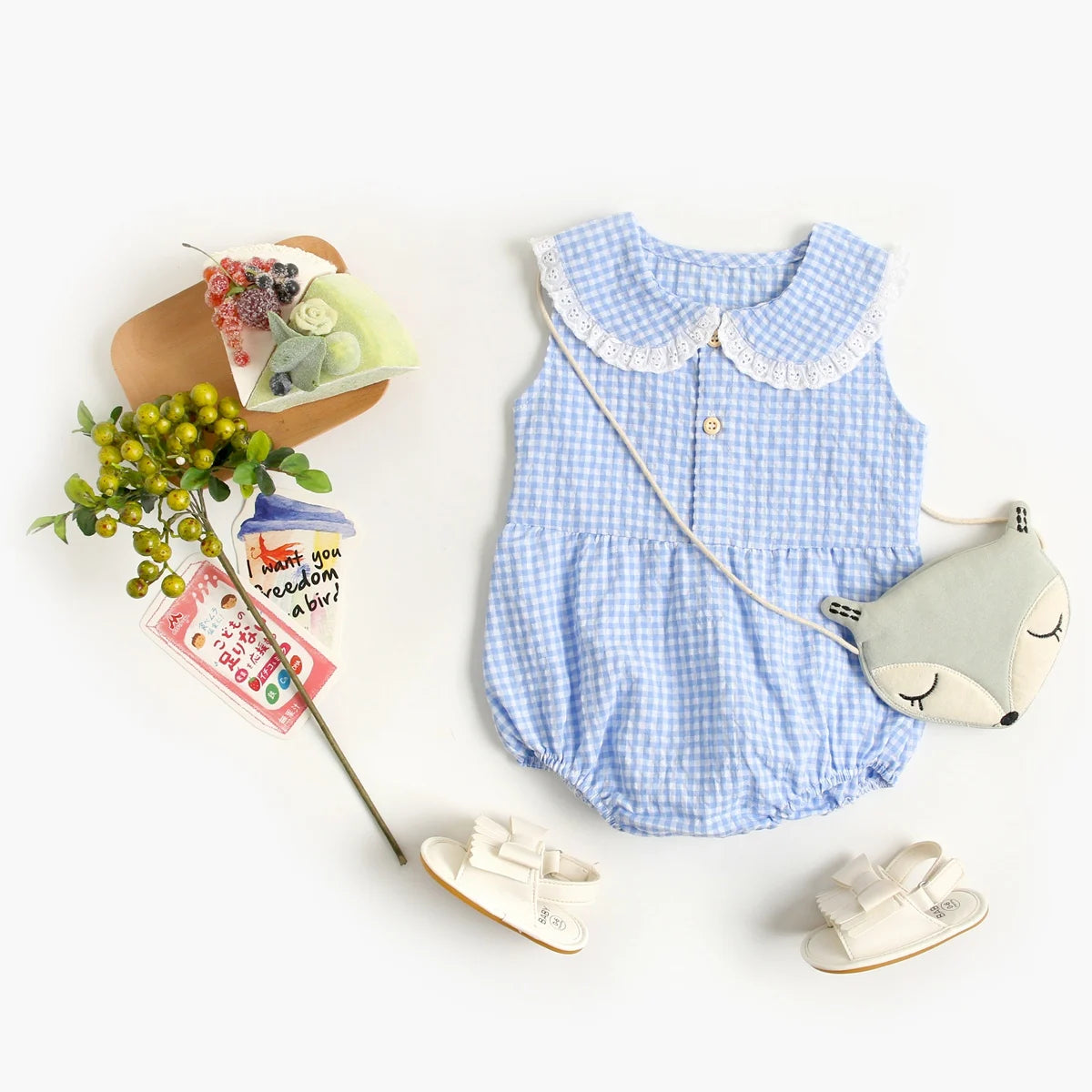Lace-Trim Gingham Bubble Bodysuit for Baby Girls