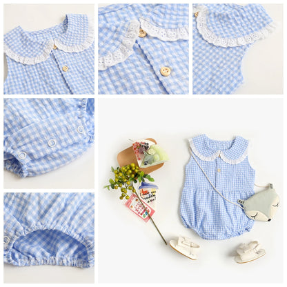 Lace-Trim Gingham Bubble Bodysuit for Baby Girls