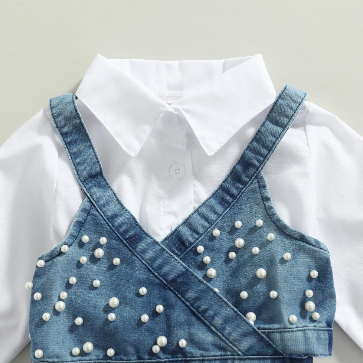 Pearl-Detailed Denim Wrap Vest & White Tiered Shirt Dress Set for Girls