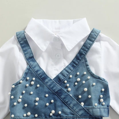 Pearl-Detailed Denim Wrap Vest & White Tiered Shirt Dress Set for Girls