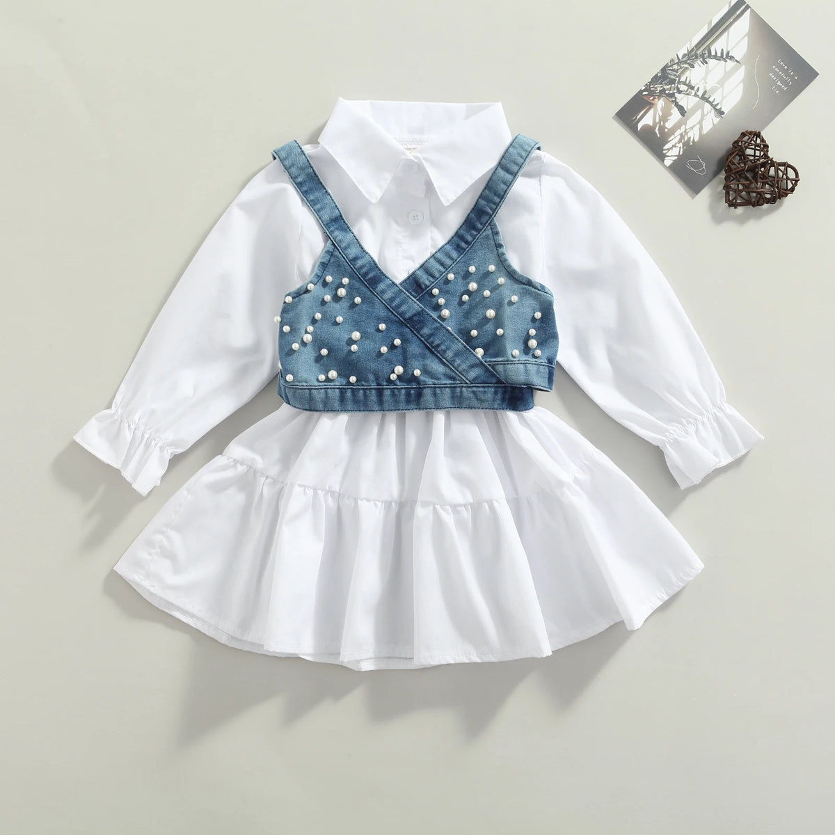 Pearl-Detailed Denim Wrap Vest & White Tiered Shirt Dress Set for Girls