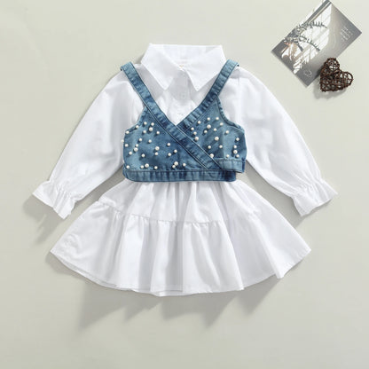 Pearl-Detailed Denim Wrap Vest & White Tiered Shirt Dress Set for Girls