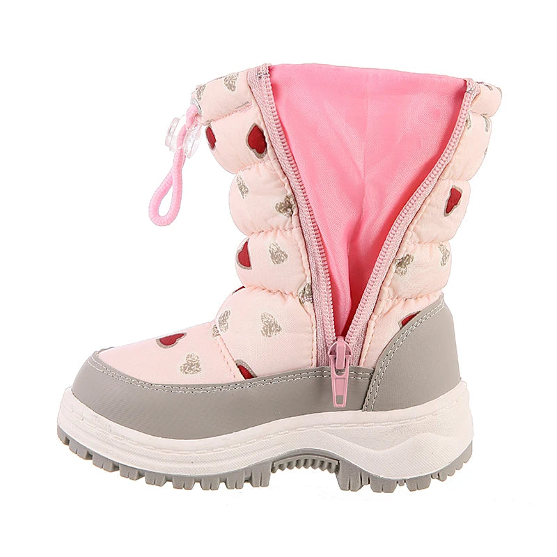 Heart Print Plush-Lined Zip-Up Snow Boots for Girls