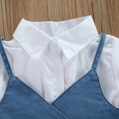 Denim Tie-Back Crop Vest & White Puff-Sleeve Tiered Dress Set for Girls