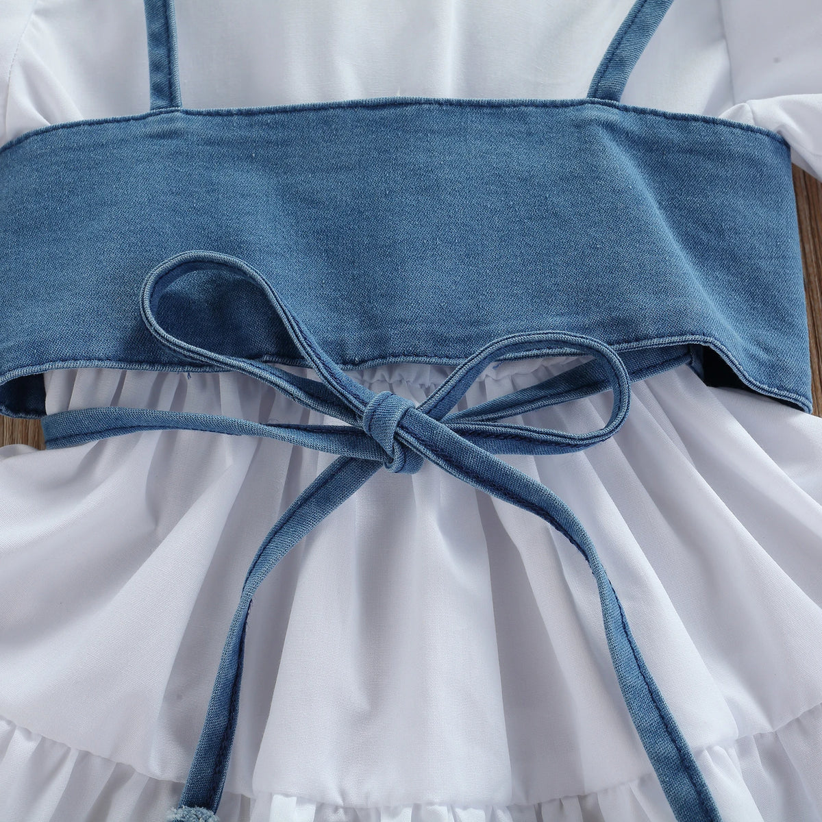Denim Tie-Back Crop Vest & White Puff-Sleeve Tiered Dress Set for Girls