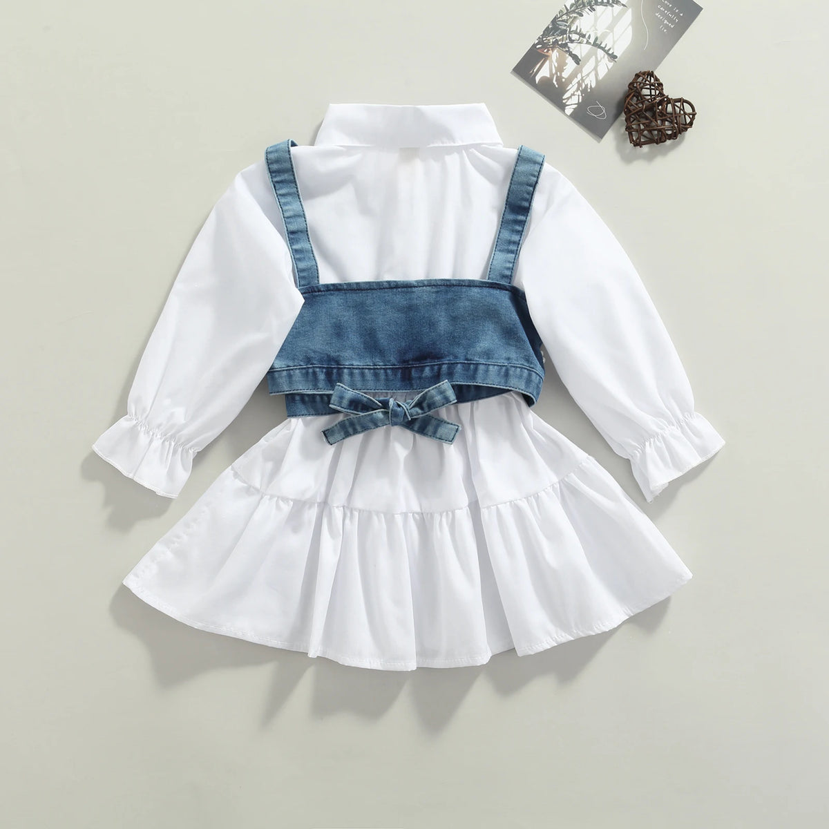 Pearl-Detailed Denim Wrap Vest & White Tiered Shirt Dress Set for Girls