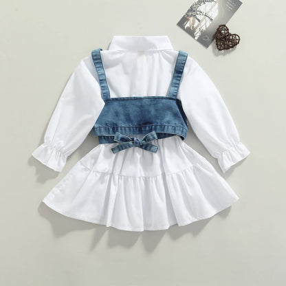 Pearl-Detailed Denim Wrap Vest & White Tiered Shirt Dress Set for Girls