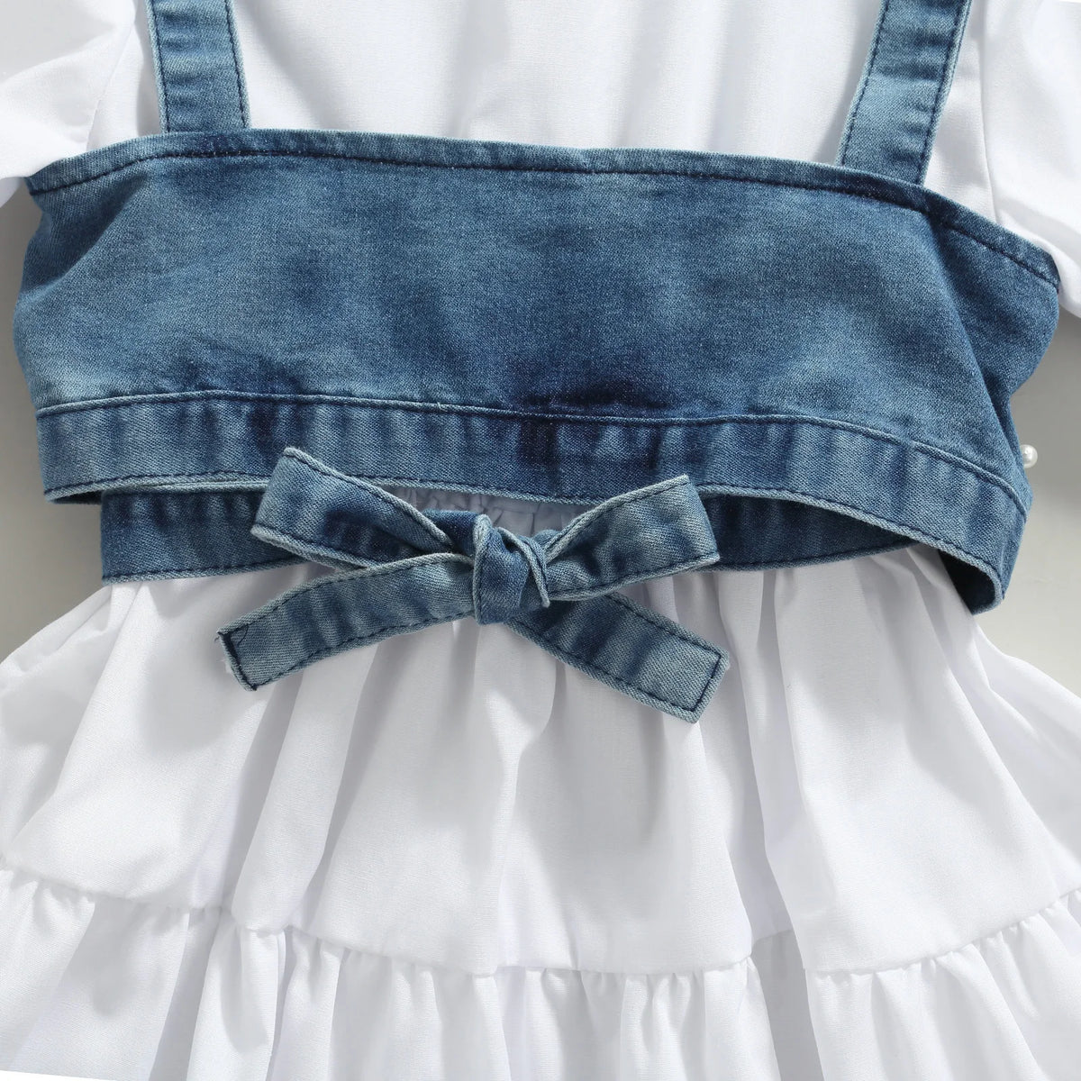 Pearl-Detailed Denim Wrap Vest & White Tiered Shirt Dress Set for Girls