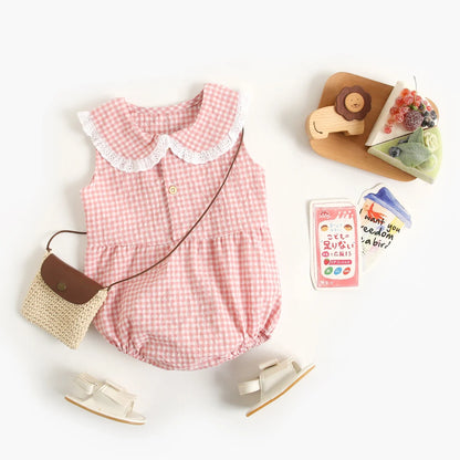 Lace-Trim Gingham Bubble Bodysuit for Baby Girls