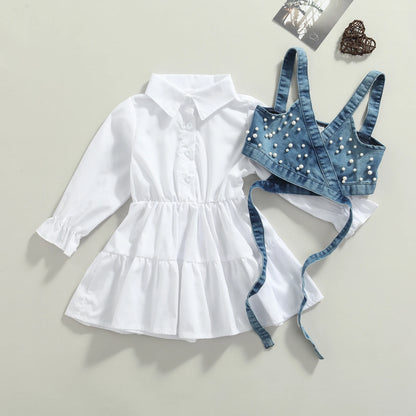 Pearl-Detailed Denim Wrap Vest & White Tiered Shirt Dress Set for Girls
