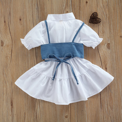 Denim Tie-Back Crop Vest & White Puff-Sleeve Tiered Dress Set for Girls