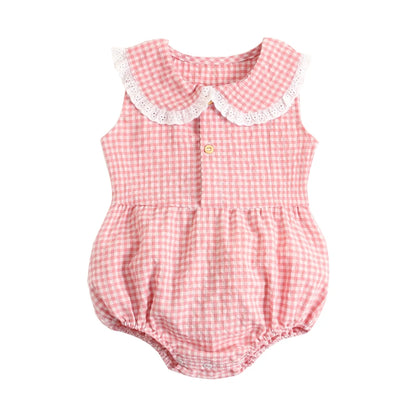 Lace-Trim Gingham Bubble Bodysuit for Baby Girls