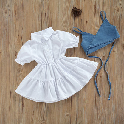 Denim Tie-Back Crop Vest & White Puff-Sleeve Tiered Dress Set for Girls