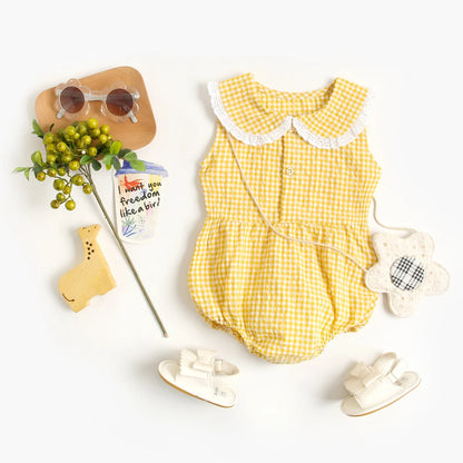 Lace-Trim Gingham Bubble Bodysuit for Baby Girls