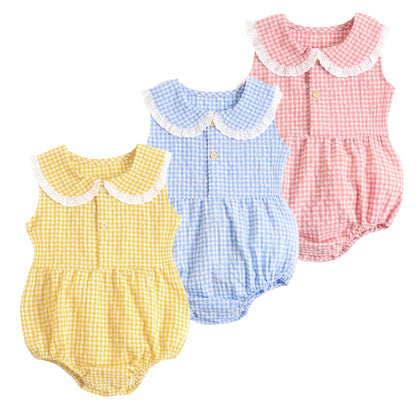 Lace-Trim Gingham Bubble Bodysuit for Baby Girls