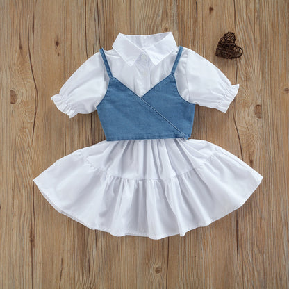 Denim Tie-Back Crop Vest & White Puff-Sleeve Tiered Dress Set for Girls