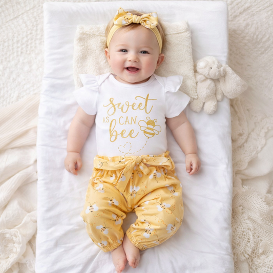 Infant Baby Girl “Sweet Bee” 3-Piece Outfit Set – Letter Print Romper, Bee Pants & Bow Headband