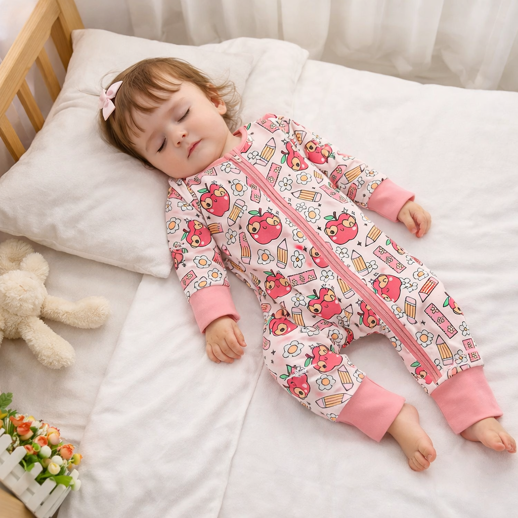 Infant Back-to-School Romper – Apple & Pencil Print Long Sleeve Jumpsuit
