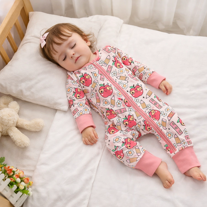 Infant Back-to-School Romper – Apple & Pencil Print Long Sleeve Jumpsuit