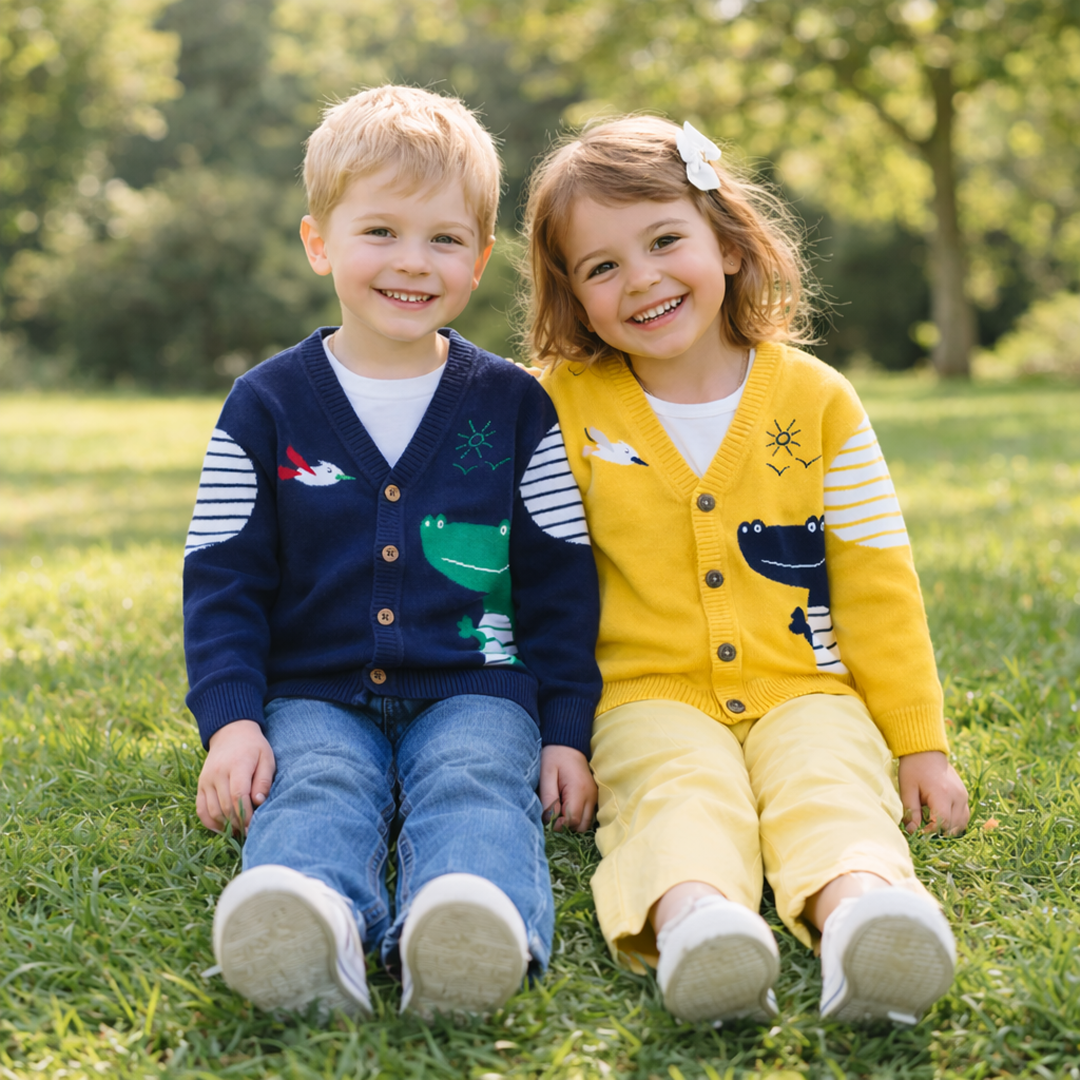 Boys Dinosaur Knit Cardigan Sweater (1–6 Years) – Button-Front V-Neck Cotton Blend