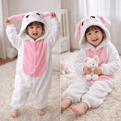 Kids' Bunny Onesie Pajamas – Plush Hooded One-Piece Flannel Jumpsuit with Bunny Ears for Boys & Girls (2–8 Years)