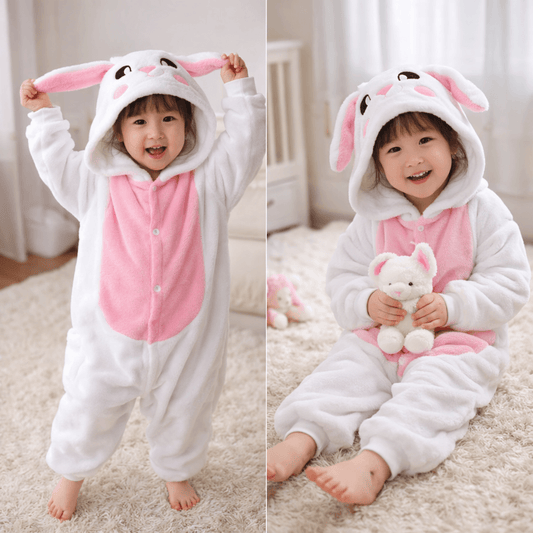 Kids' Bunny Onesie Pajamas – Plush Hooded One-Piece Flannel Jumpsuit with Bunny Ears for Boys & Girls (2–8 Years)