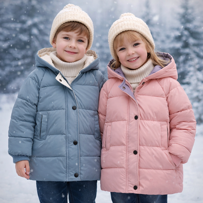 Hooded Winter Puffer Coat for Kids – Warm, Wind-Resistant Long Jacket