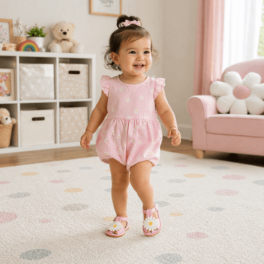Oversized Daisy Appliqué Soft-Sole Baby Girl Sandals | Velcro Closure in White, Pink & Gold