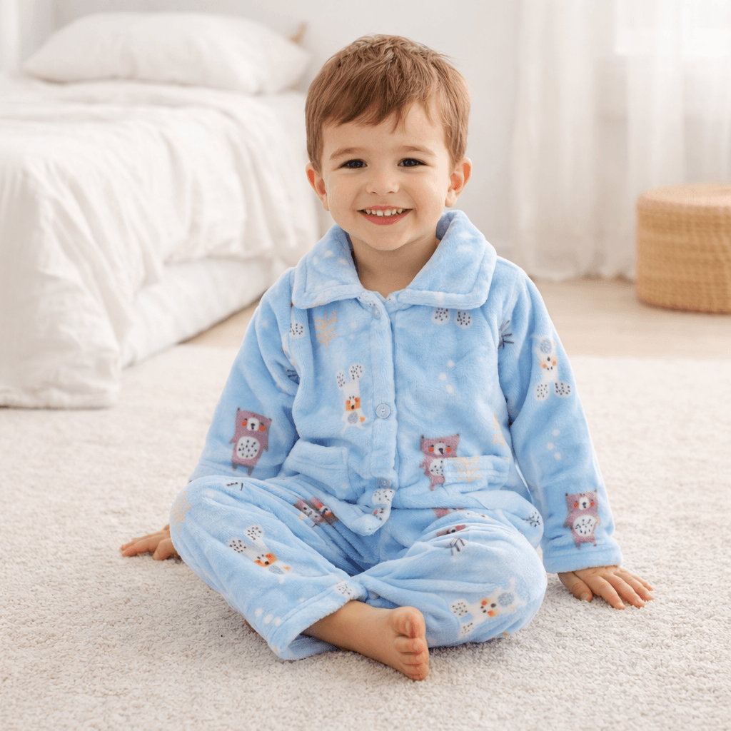 Kids' Plush Flannel Pajama Set – Warm Button-Front Top & Pants with Cartoon Prints for Toddlers & Big Kids (1–10 Years)