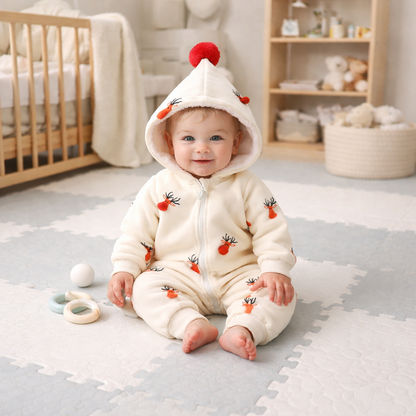 Cozy Reindeer Hooded Baby Snowsuit – Plush Zip-Up Winter One-Piece for Babies