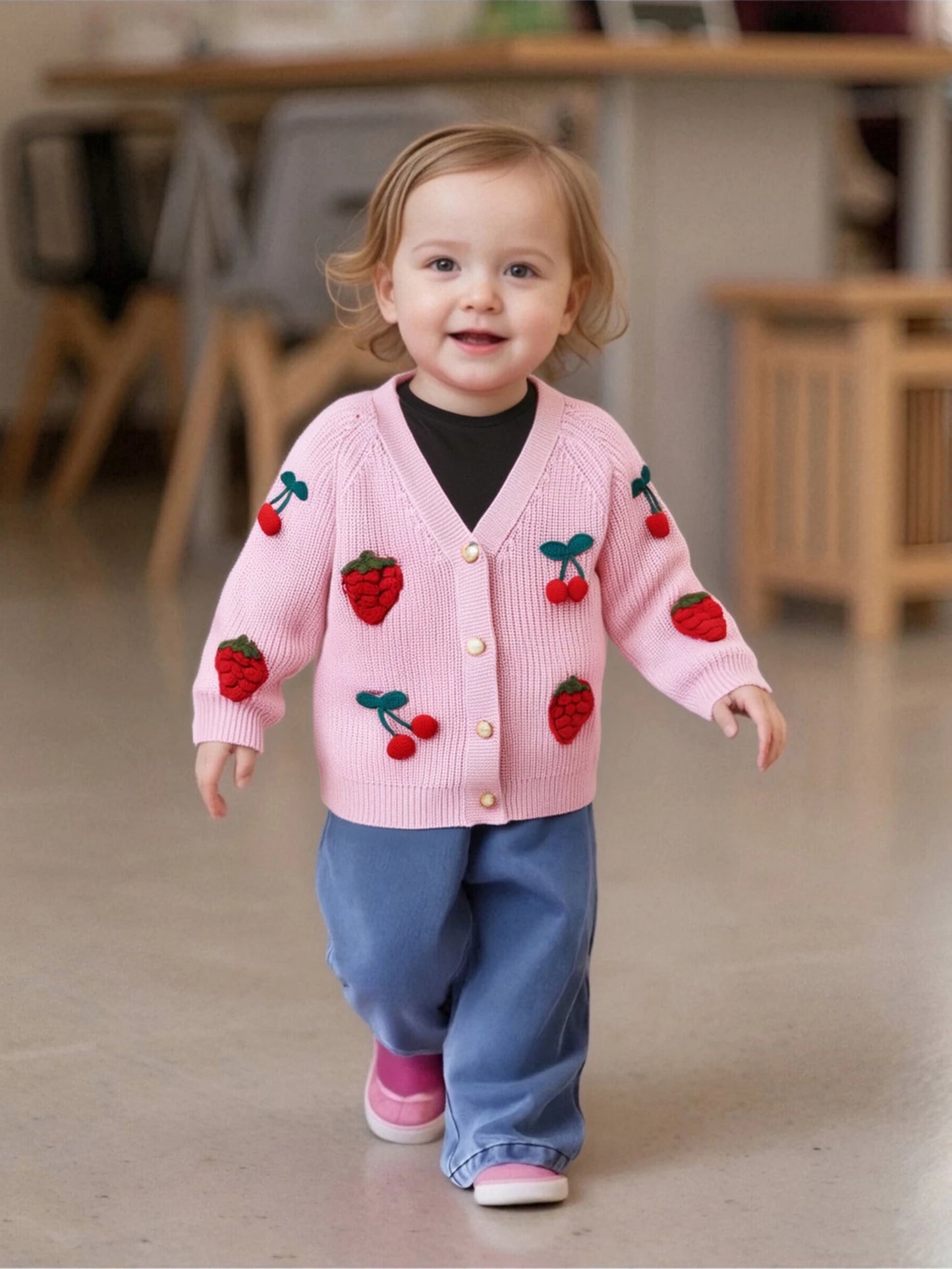 Cherry Knit Button-Up Cardigan for Toddlers and Kids – Soft V-Neck Sweater