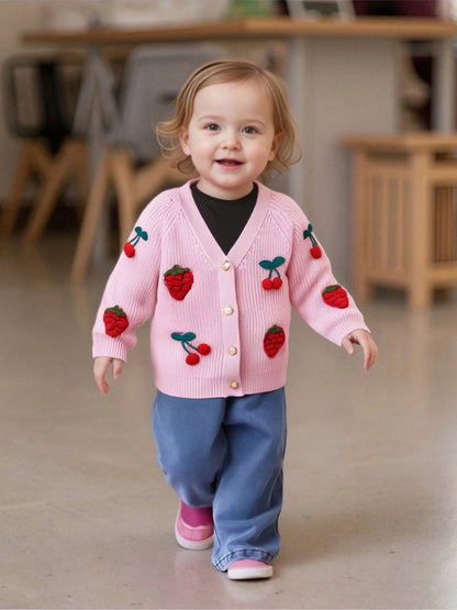 Cherry Knit Button-Up Cardigan for Toddlers and Kids – Soft V-Neck Sweater