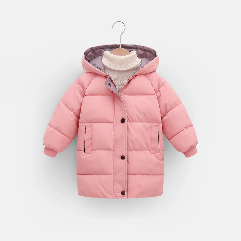 Hooded Winter Puffer Coat for Kids – Warm, Wind-Resistant Long Jacket