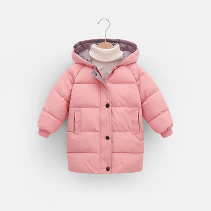 Hooded Winter Puffer Coat for Kids – Warm, Wind-Resistant Long Jacket