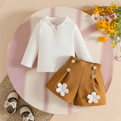 Floral Appliqué Ribbed Top & Pleated Shorts Set for Girls