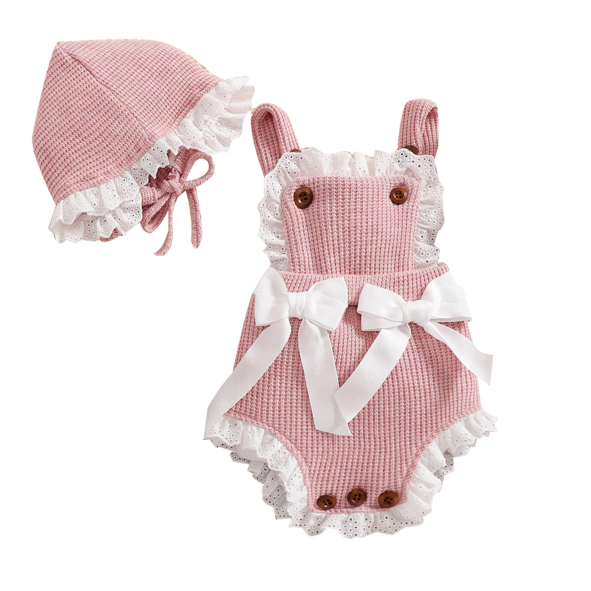 Pink Bow Ruffle Knit Baby Romper & Bonnet Set