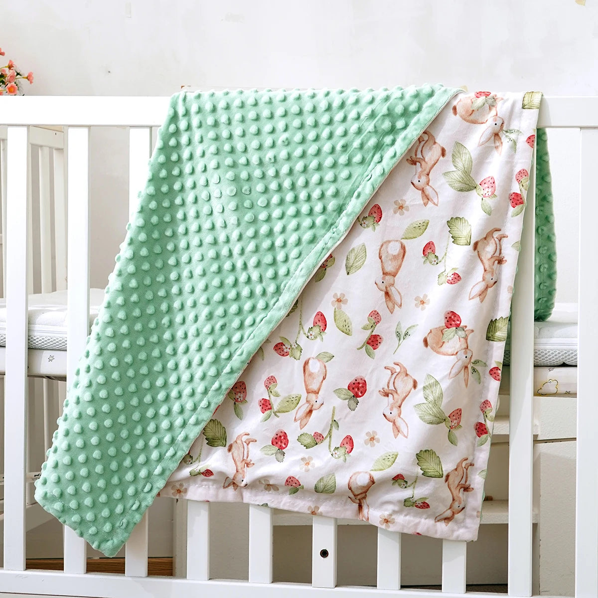 Floral Rainbow & Woodland Print Reversible Minky Baby Blanket