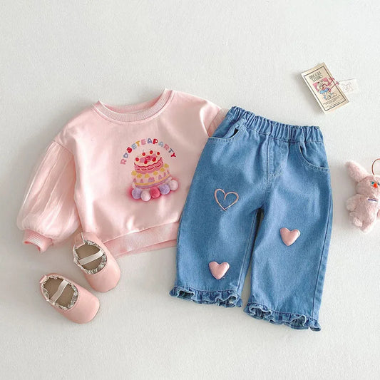 Heart Patch Ruffle Denim Pants & Bunny Top Separates