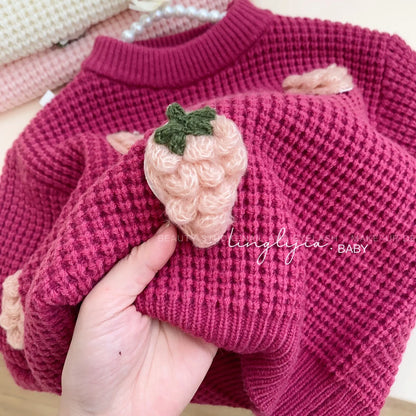 Girls Strawberry Knit Sweater – Cozy Textured Pullover (2–7 Years), Round Neck