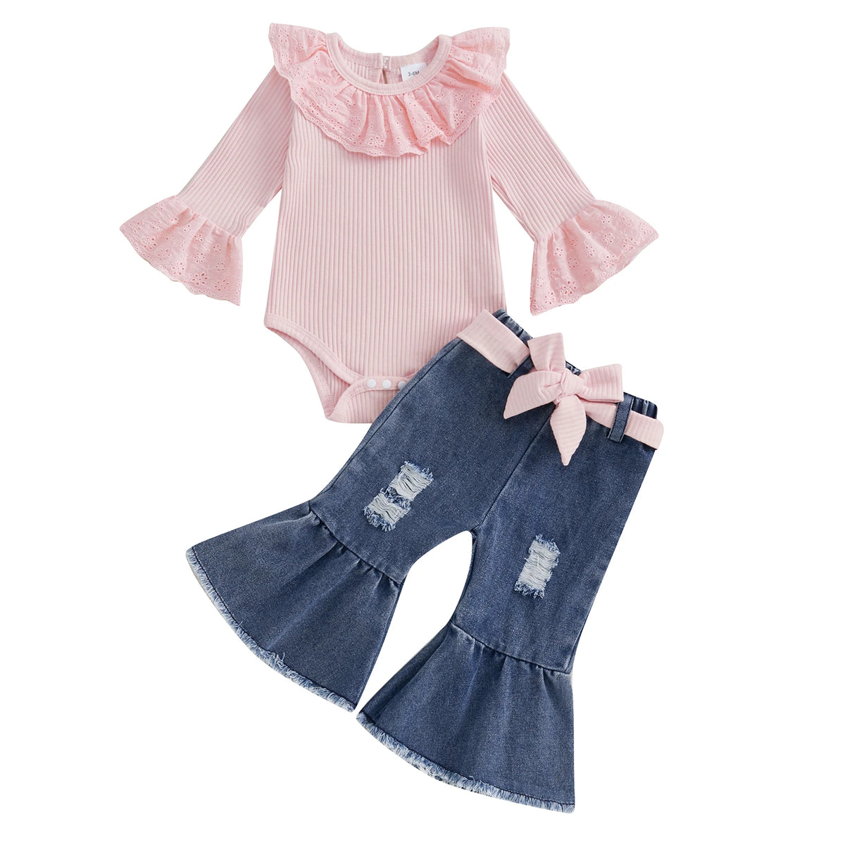 Eyelet Ruffle Romper & Flared Denim Pants Set for Baby Girls