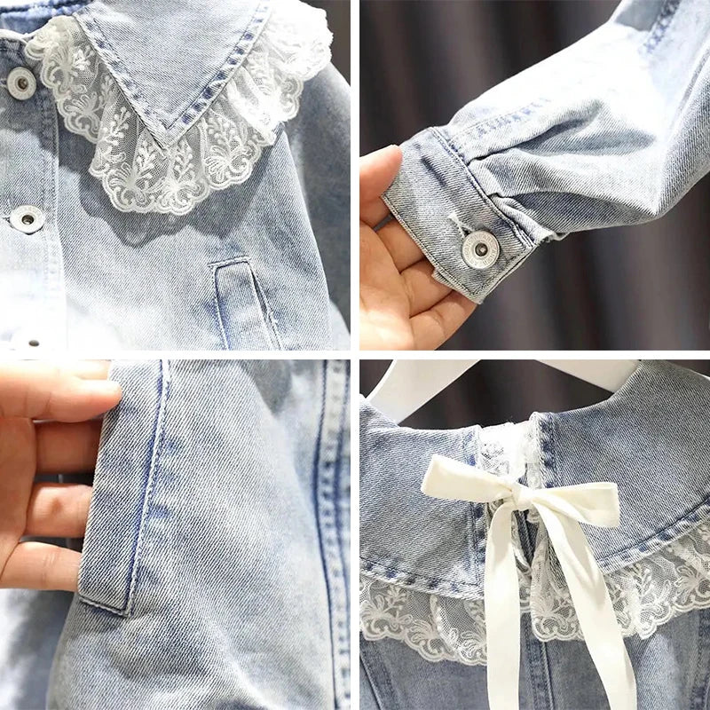 Scalloped & Lace-Collar Denim Jacket for Girls