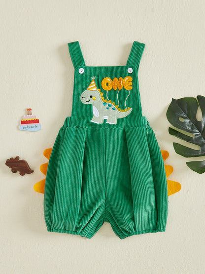 First Birthday Dino Corduroy Bubble Overall Romper for Baby Boys