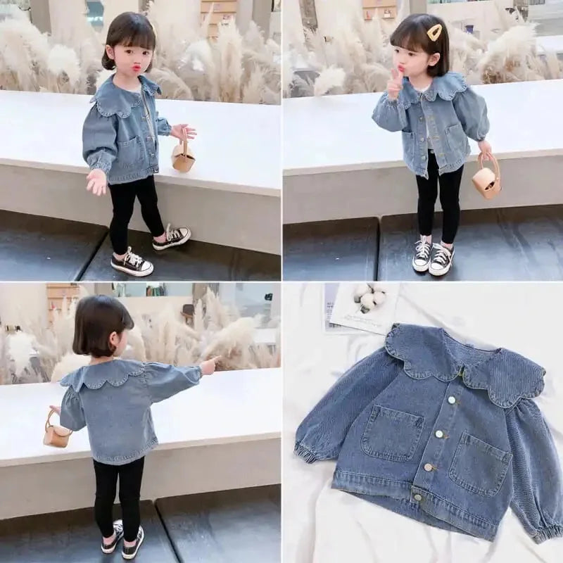 Scalloped & Lace-Collar Denim Jacket for Girls